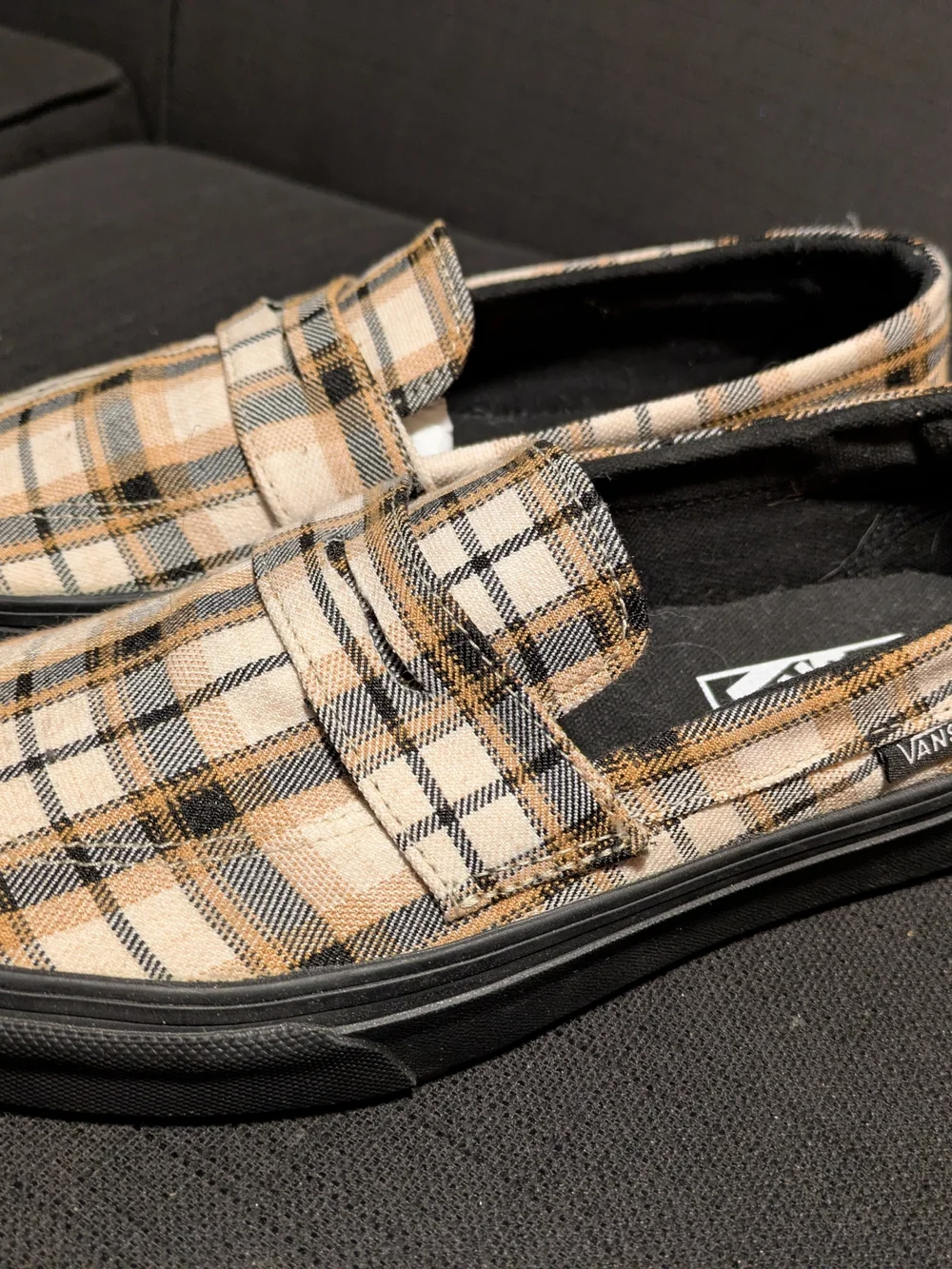 Vans Women’s Plaid Slip-On Loafers in Beige and Black